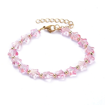 Star Transparent Spray Painted Glass Beaded Bracelets, with Round Brass Beads and 304 Stainless Steel Lobster Claw Clasps, Pink, 7-1/8 inch(18cm)