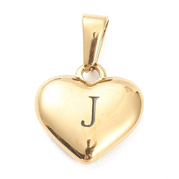 304 Stainless Steel Pendants, Heart with Black Letter, Golden, Letter.J, 16x16x4.5mm, Hole: 7x3mm