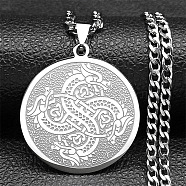 Non-Tarnish 304 Stainless Steel Curb Chain Necklaces, Flat Round with Dragon Pendant Necklaces, Stainless Steel Color, 23.23 inch(59cm)(NJEW-C042-04P)