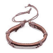 Leather Cord Bracelet for Men Women, Inspirational Word Rectangle Link Braided Adjustable Bracelet, Saddle Brown, Inner Diameter: 2-1/4~3-3/4 inch(5.6~9.5cm)(BJEW-C005-01B)