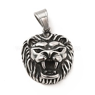 304 Stainless Steel Pendants, with Jet Rhinestone, Lion Charms, Antique Silver, 28x24x12.5mm, Hole: 9x5.5mm(STAS-K243-05AS)