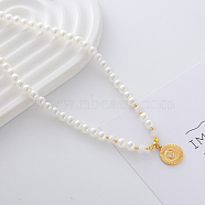 Fashionable Stainless Steel Pendant Neacklaces, Imitation Pearl Beaded Necklaces for Women, Real 18K Gold Plated, Moon, 15.35 inch(39cm)(GI7024-6)