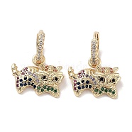Real 18K Gold Plated Brass Dangle Hoop Earrings, with Cubic Zirconia, Lion, Colorful, 21x16mm(EJEW-L269-028G-02)