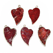 Electroplate Natural Regalite/Imperial Jasper/Sea Sediment Jasper Pendants, Dyed, with Iron Findings, Heart, Golden, 42~44x25~27x6~8mm, Hole: 2mm(X-G-T111-05)