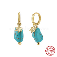 Natural Turquoise Beaded Hoop Earrings, with 925 Sterling Silver Earring Hoop, Real 14K Gold Plated, 25~26.5x9~12mm(EJEW-L294-001G)