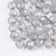Autumn Theme Electroplate Transparent Glass Beads, Frosted, Round with Maple Leaf Pattern, Silver, 10mm, Hole: 1.5mm(EGLA-S178-01-01G)