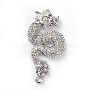 Brass Micro Pave Cubic Zirconia Links connectors, Dragon, Clear, Platinum, 33x15.5x3mm, Hole: 1.6mm(ZIRC-G157-46P)