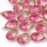 K9 Glass Pendants, Imitation Tourmaline, with Golden Tone Brass Findings, Faceted, teardrop, Hot Pink, 22~23x14x8mm, Hole: 2mm(X-GLAA-Q069-09E)