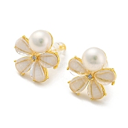 Cubic Zirconia Flower Stud Earrings with Natural Pearl, Brass Earrings with 925 Sterling Silver Pins, Real 18K Gold Plated, 14.5x13mm(EJEW-020-08G)