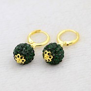 Dangling Round Ball Resin Rhinestone Earrings, with Golden Plated Brass Leverback Hoop Earring Settings, Emerald, 30mm, Pin: 1mm(EJEW-J080-08G)