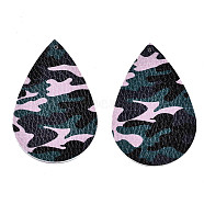 Imitation Leather Big Pendants, Teardrop with Camouflage Pattern, Teal, 56.5x37x2mm, Hole: 2mm(FIND-T062-006I)