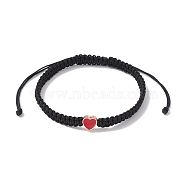 Nylon Thread Braided Bead Adjustable Bracelets, with Alloy Enamel Heart, for Women, Black, Inner Diameter: 2-3/8~4-1/8 inch(6.1~10.6cm)(BJEW-JB09768-01)