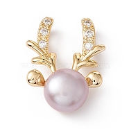 Natural Cultured Freshwater Pearl Pendants, with Brass Micro Pave Cubic Zirconia Findings, Golden, Deer, Lilac, 18.5x13x8mm, Hole: 4x2mm(KK-D084-10G-02)