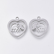 201 Stainless Steel Pendants, Laser Cut Pendants, Heart with Elephant, Stainless Steel Color, 17.5x16x1mm, Hole: 1.4mm(STAS-S110-064P)