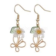 Brass Wire Wrap Butterfly Dangle Earrings, with Acrylic Flower, Golden, 43mm(EJEW-JE05679)