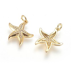 Brass Micro Pave Cubic Zirconia Pendants, with Jump Ring, Starfish/Sea Stars, Clear, Golden, 18x17x3mm, Hole: 3mm(X-ZIRC-G150-05G)