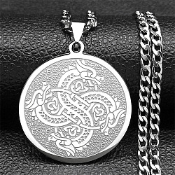 304 Stainless Steel Curb Chain Necklaces, Flat Round with Dragon Pendant Necklaces, Stainless Steel Color, 23.23 inch(59cm)(NJEW-C042-04P)