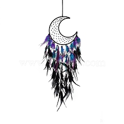 Moon Woven Web/Net with Feather Hanging Ornaments, Iron Ring and Wood Beads for Home Living Room Bedroom Wall Decorations, Black, 800mm(HJEW-G025-09A)