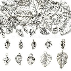 50Pcs 10 Styles Tibetan Style Alloy Pendants, Leaf, Antique Silver, 14.5~30x7~20x1~3mm, Hole: 1.2~3mm, 5pcs/style(TIBE-YW0001-49)