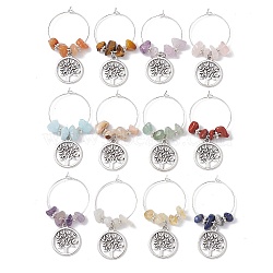 12Pcs Flat Round with Tree of Life Alloy Pendants Wine Glass Charms Sets, with Gemstone Chip and Brass Wine Glass Charm Rings, 50mm(AJEW-JO00218)