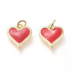 Real 18K Gold Plated Brass Charms, with Enamel and Jump Rings, Long-Lasting Plated, Heart, Red, 14x13x2.8mm, Jump Ring: 5x1mm, 3mm Inner Diameter(KK-L006-019C)