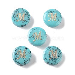 Synthetic Turquoise Beads, with Golden Tone Brass Slices, Flat Round with Letter, Letter M, 15x5.5mm, Hole: 1.4mm(G-A238-02M)