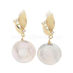 Natural Pearl Ear Studs, with Brass Micro Pave Clear Cubic Zirconia Findings and 925 Sterling Silver Pins, Flat Round, Real 14K Gold Plated, 36.5x16mm(EJEW-P285-06G)