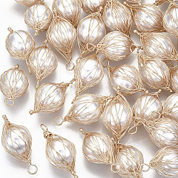 ABS Plastic Imitation Pearl Wire Wrapped Pendants, with Light Gold Plated Brass Wire, Teardrop, Creamy White, 34x14~15x14~15mm, Hole: 2mm(KK-N235-002)