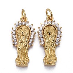 Brass Micro Pave Clear Cubic Zirconia Pendants, Long-Lasting Plated, for Religion, with Jump Rings, Virgin Mary, Real 18K Gold Plated, 23x10.5x3.5mm(ZIRC-Z011-17G)