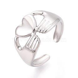 Adjustable 304 Stainless Steel Cuff Rings for Women, Hand & Heart, Stainless Steel Color, 11.5mm, US Size 7 1/4(17.5mm)(RJEW-N052-11P)