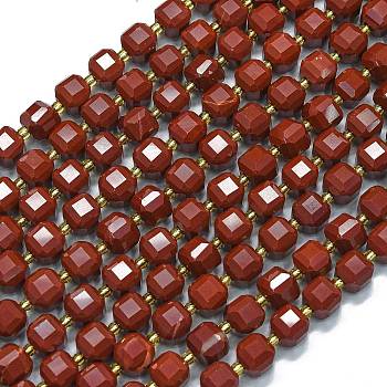 Natural Red Jasper Beads Strands, with Seed Beads, Faceted Table Cut Cube, 8x8x8mm, Hole: 0.6mm, about 38pcs/strand, 15.35''(39cm)