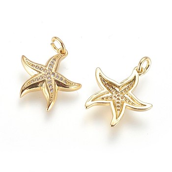 Brass Micro Pave Cubic Zirconia Pendants, with Jump Ring, Starfish/Sea Stars, Clear, Golden, 18x17x3mm, Hole: 3mm