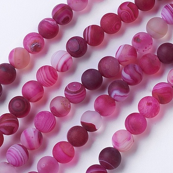 Natural Grade A Striped Agate/Banded Agate Beads Strands, Dyed & Heated, Frosted, Round, Medium Violet Red, 6mm, Hole: 1mm, about 62pcs/strand, 14.9 inch(38cm)