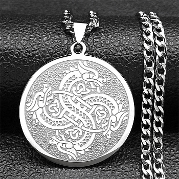 304 Stainless Steel Curb Chain Necklaces, Flat Round with Dragon Pendant Necklaces, Stainless Steel Color, 23.23 inch(59cm)