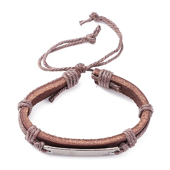 Leather Cord Bracelet for Men Women, Inspirational Word Rectangle Link Braided Adjustable Bracelet, Saddle Brown, Inner Diameter: 2-1/4~3-3/4 inch(5.6~9.5cm)
