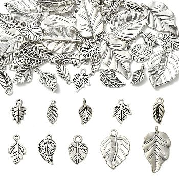 50Pcs 10 Styles Tibetan Style Alloy Pendants, Leaf, Antique Silver, 14.5~30x7~20x1~3mm, Hole: 1.2~3mm, 5pcs/style