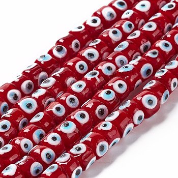 Handmade Evil Eye Lampwork Beads Strands, Column, FireBrick, 7.5~8.5x5~6mm, Hole: 1.4mm, about 39~40pcs/strand, 9.06~9.45 inch(23~24cm)