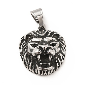 304 Stainless Steel Pendants, with Jet Rhinestone, Lion Charms, Antique Silver, 28x24x12.5mm, Hole: 9x5.5mm