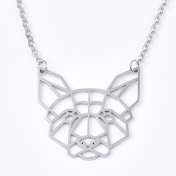 201 Stainless Steel Puppy Pendant Necklaces, with Cable Chains, Filigree Beagle Dog Head, Stainless Steel Color, 17.5 inch(44.5cm), 2mm, Dog: 29x29.5x1mm