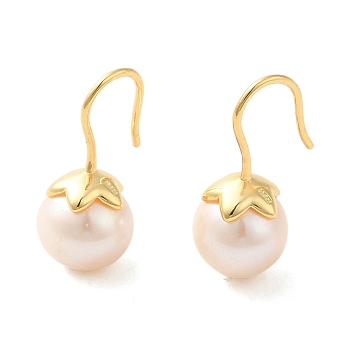 Sterling Silver Dangle Earrings, with Natural Pearl, Jewely for Women, Round, Real 18K Gold Plated, 21x10mm