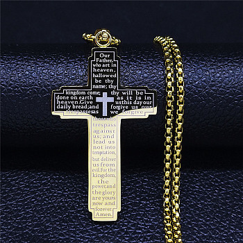 304 Stainless Steel Pendant Necklaces, The Lord's Prayer Corss, Golden, 23.54 inch(59.8cm)