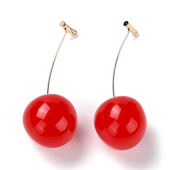 Lifelike Cherry Resin Dangle Stud Earrings, Fruit Brass Earrings for Girl Women, Light Gold, Red, 56mm, Pin: 0.6mm
