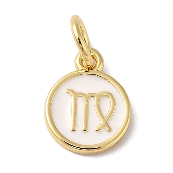 Real 18K Gold Plated Brass Enamel Charms, with Jump Ring, Long-Lasting Plated, Lead Free & Cadmium Free, Flat Round with Virgo Charms, White, 10x8x1mm, Hole: 4mm