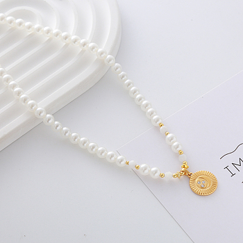 Fashionable Stainless Steel Pendant Neacklaces, Imitation Pearl Beaded Necklaces for Women, Real 18K Gold Plated, Moon, 15.35 inch(39cm)