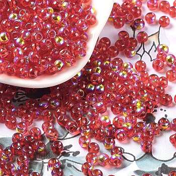 Glass Seed Beads, Half Plated, Transparent Colours Rainbow, Round Hole, Round, Indian Red, 4x3mm, Hole: 1.2mm, 7500pcs/pound