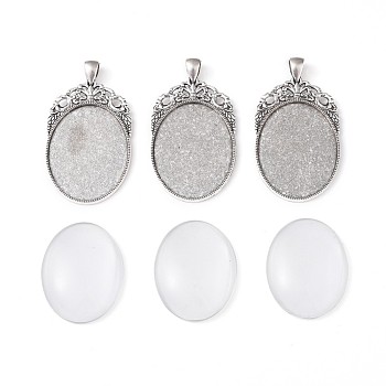 DIY Pendant Making, with Tibetan Style Oval Pendant Cabochon Settings and Transparent Oval Glass Cabochons, Antique Silver, Cabochons: 40x30x7~8mm, Settings: 60x32x2mm, Hole: 5x7mm, 2pcs/set