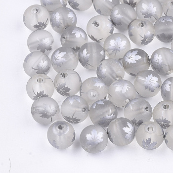 Autumn Theme Electroplate Transparent Glass Beads, Frosted, Round with Maple Leaf Pattern, Silver, 10mm, Hole: 1.5mm