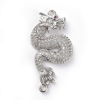 Brass Micro Pave Cubic Zirconia Links connectors, Dragon, Clear, Platinum, 33x15.5x3mm, Hole: 1.6mm