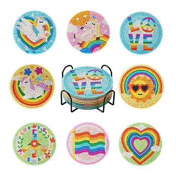DIY Diamond Painting Rainbow Theme Cup Mat Kits, including Acrylic Cup Mat, Cork Mat, Iron Stand, Resin Rhinestones, Diamond Sticky Pen, Tray Plate and Glue Clay, Round, Coaster: 99mm