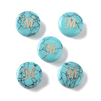 Synthetic Turquoise Beads, with Golden Tone Brass Slices, Flat Round with Letter, Letter M, 15x5.5mm, Hole: 1.4mm